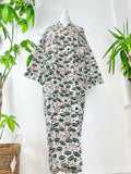 Pure Cotton Handprinted House Robe Tropical Kimono - Pastel White Olive Green Pink Bloom Lotus Beach Coverup/Comfy Maternity
