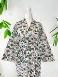 Pure Cotton Handprinted House Robe Tropical Kimono - Pastel White Olive Green Pink Bloom Lotus Beach Coverup/Comfy Maternity
