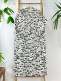 Pure Cotton Handprinted House Robe Tropical Kimono - Pastel White Olive Green Pink Bloom Lotus Beach Coverup/Comfy Maternity