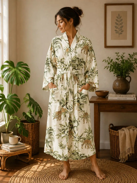 Pure Cotton Indian Block printed House Robe Summer Kimono | Floral Coverup/Comfy Maternity Off White Green Safari Leopard Giraffe Jungle
