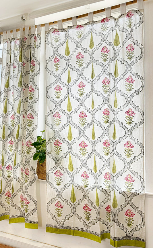 Stunning block-printed curtains on a crisp white cotton base with floral and green palm