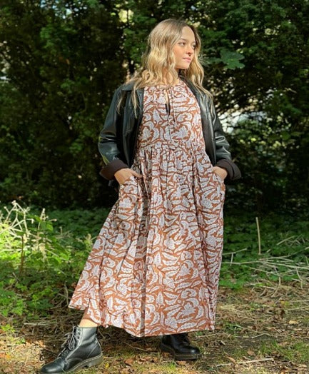 Elegant Block print Midi Dress stitched to be your next comfy dress this Summer in Earthen Burnt Brick White Leaves Autumn Garden