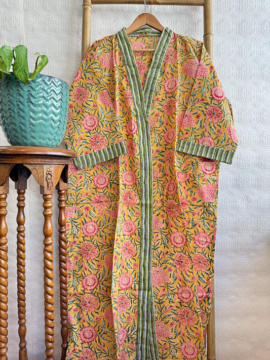 Pure Cotton Handprinted House Robe Summer Kimono | Floral Beach Coverup/Comfy | Autumn Mustard Peach Green Gardenia Floral Bloom Stripe