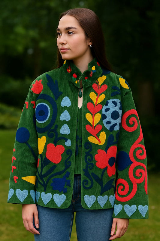 Velvet Suzani Artisan Hand Embroidered Short Jacket | Autumn Winter Boho | Luxury Special Gift | Love Olive