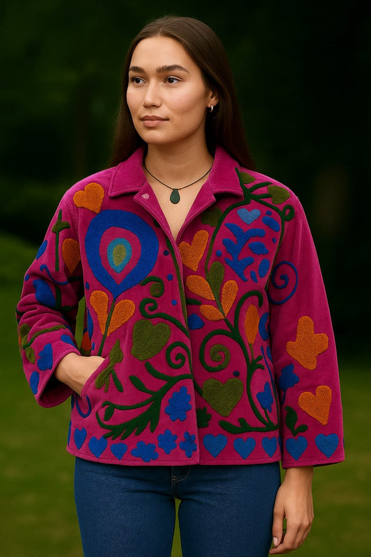 Velvet Suzani Artisan Hand Embroidered Short Jacket | Autumn Winter Boho | Luxury Special Gift | Love Pink