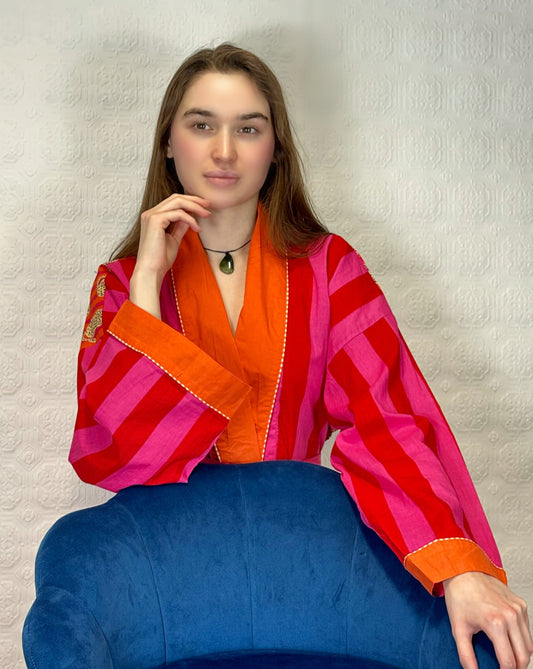 Pure Cotton Handprinted House Robe Tropical Kimono - Chunky Stripe Quirky Cheetah Beach Coverup/Comfy Maternity | Pink Orange Hue