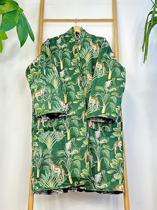 Quilted Unisex Cotton Reversible Long Winter Dressing Kimono Robe Boho Block- Black Green Forest Lover