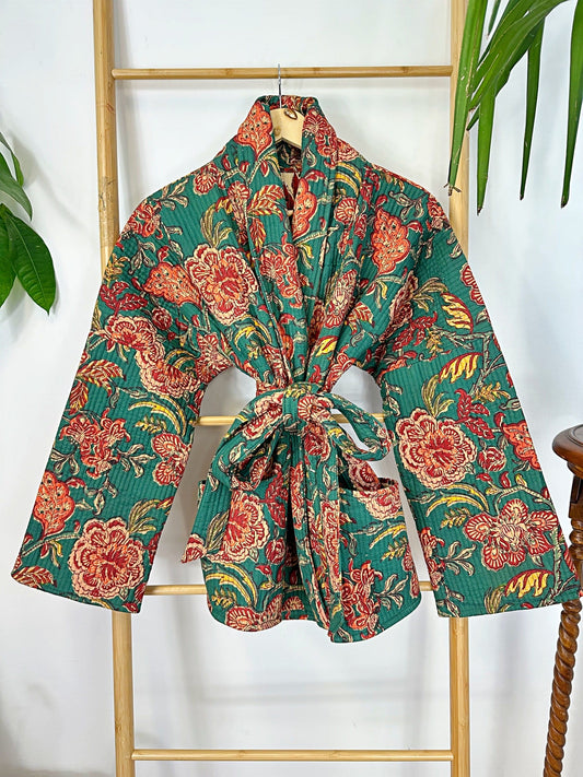 Cotton quilted open jacket Green Maroon Red Beige Botanical