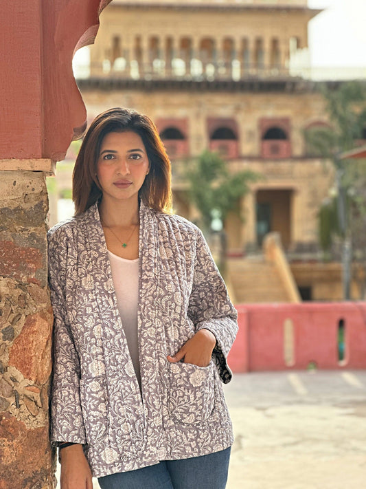 Cotton quilted open jacket Black Grey White Floral Gardenia