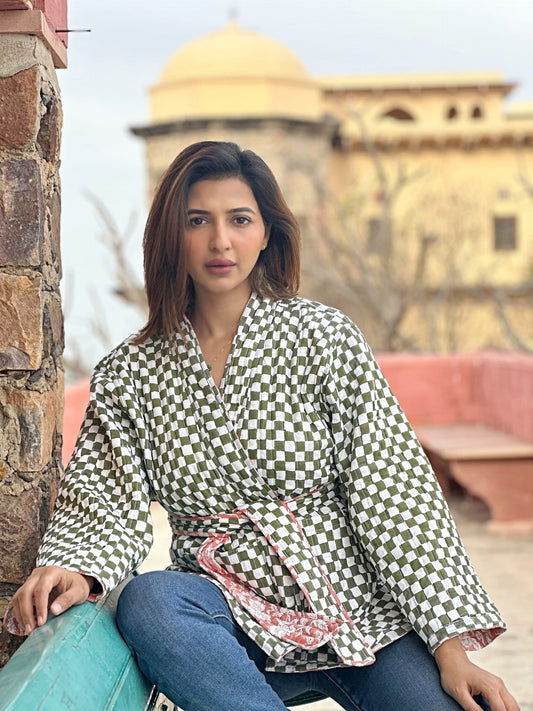 Cotton quilted open jacket Elegant Terracotta Floral Olive Green Checks