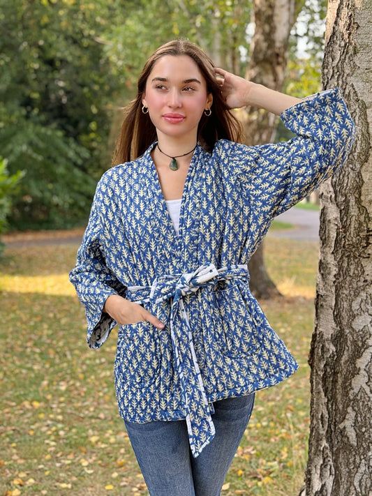 Cotton quilted open jacket Mint Blue with white flora