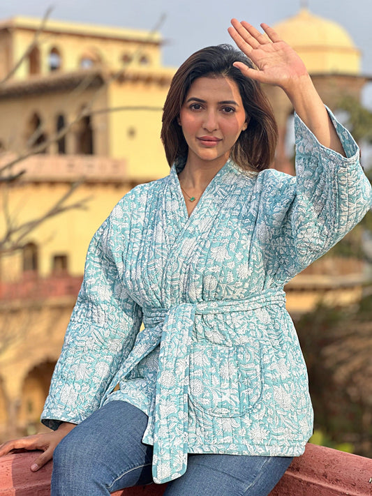Cotton quilted open jacket Pastel Slated Aqua Mughal Motif