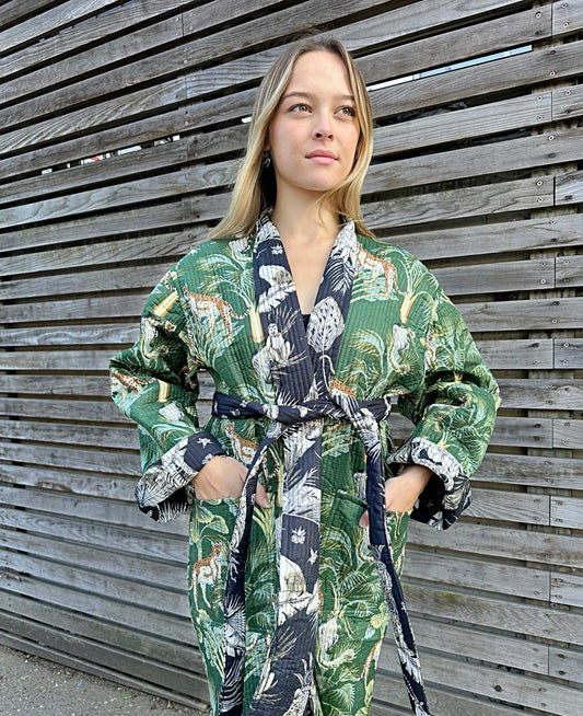 Quilted Unisex Cotton Reversible Long Winter Dressing Kimono Robe Boho Block- Black Green Tiger Monkey