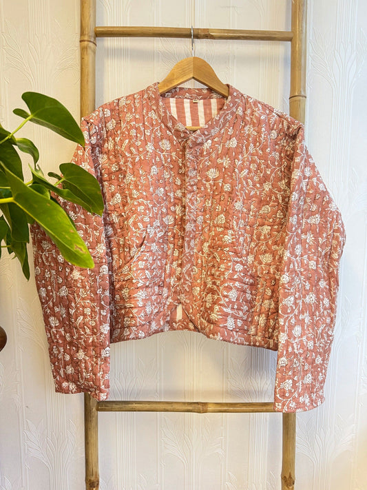 Cotton quilted open jacket Mint Turquoise flora and stripe