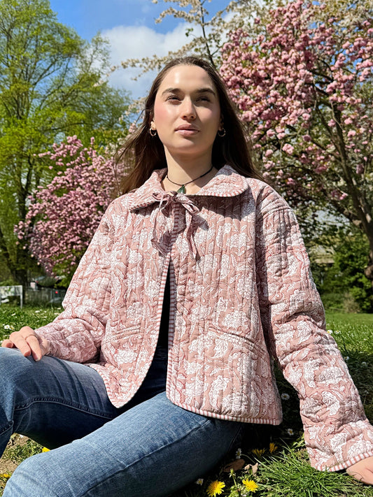 Cotton quilted open jacket pink