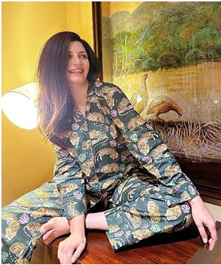Luxury Hand Printed Indian Blockprint Pure High Quality Cotton Cheetah Leopard Tiger Animal Quirky Pyjama Set Emerald Green Yellow (Pack of 2: 1 S/M & 1 L/XL)