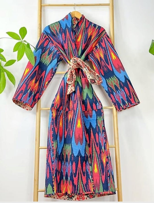 Quilted Unisex Cotton Reversible Long Winter Dressing Kimono Robe Boho