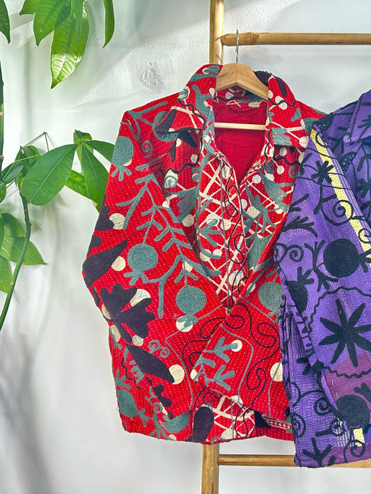 Vintage Suzani Jacket – Artisan Embroidery Meets Timeless Style Vibrant Red, Navy Blue, Teal-Gery, Cream-White