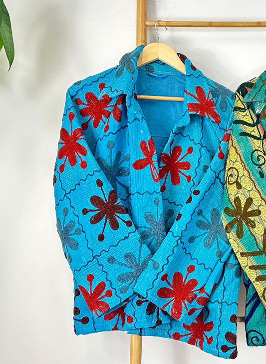 Vintage Suzani Jacket – Artisan Embroidery Meets Timeless Style Vivio Sky Blue, Red, Marron, Grey