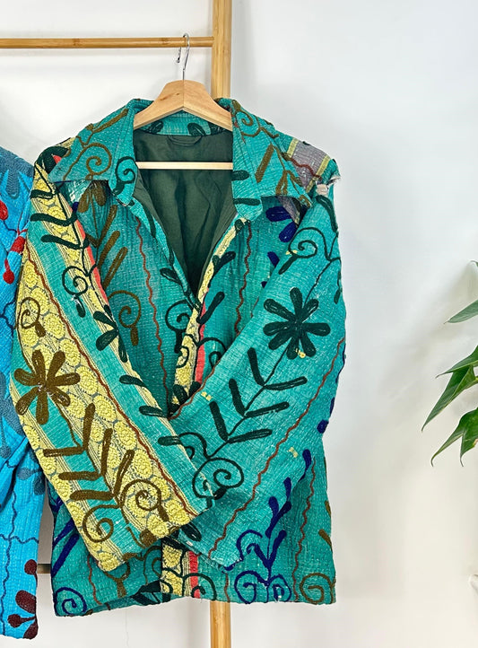Vintage Suzani Jacket – Artisan Embroidery Meets Timeless Style Tiffany Blue, Yellow, Brown, Blue Floral Pattern