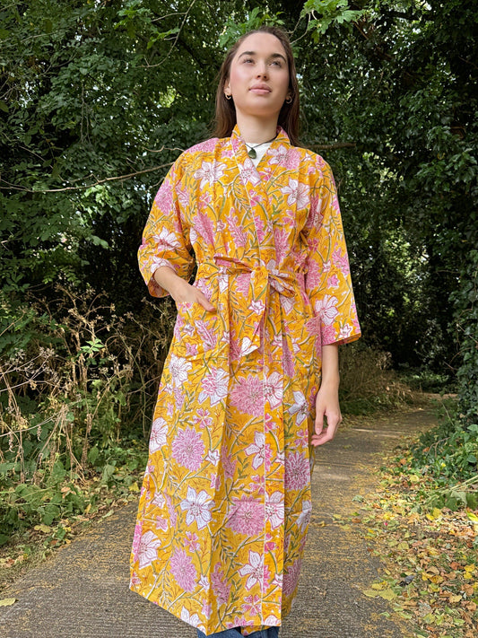 Pure Cotton Block printed Summer Yellow Pink Gardenia Botanical