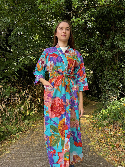 Pure Cotton Block printed Spring Blue Multicolour Botanical Bloom