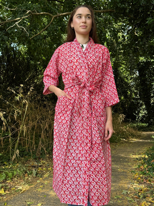 Pure Cotton Block printed Red White Mughal Mini Motif Gardenia Beach Coverup