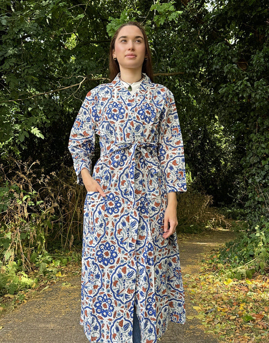 Pure Cotton Block printed Spring Blue White Rust Geometric Tile Pattern