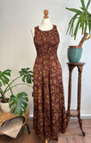 Maxi Tier Paisley Emerald Brown Bodice Racer Oriental Floral Silky Blend Dress Elegant Comfy Daywear Casual Mommy Girly Chic Boho | Keyhole