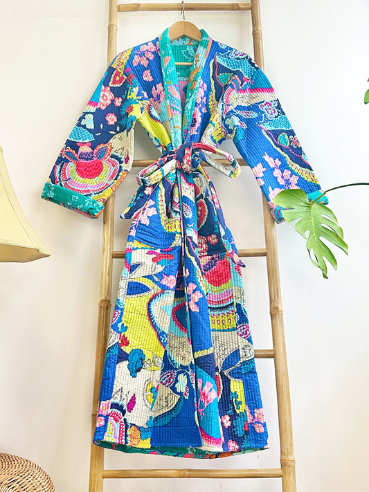 Quilted Unisex Cotton Reversible Long Winter Dressing Kimono Robe Boho