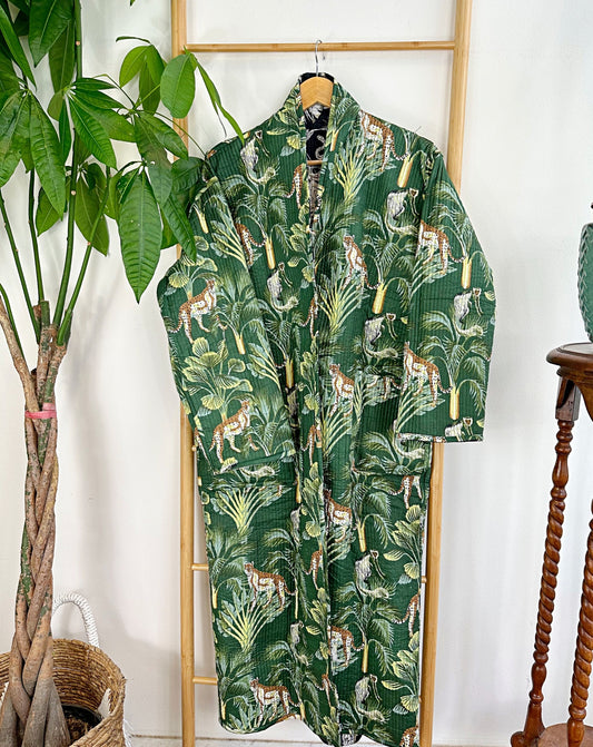 Quilted Unisex Cotton Reversible Long Winter Dressing Kimono Robe Boho Block- Black Green Forest Lover