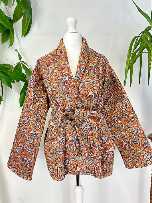 Quilted Pure Cotton Reversible Short Autumn Winter Jacket Coat Boho Bagru Block Classic Earthen Rust Beige Blue Red Cream Botanical