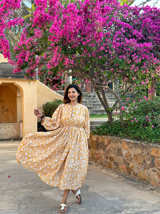 Elegant Block print Midi Dress stitched to be your next comfy dress this Summer in Turmeric Yellow Wisconsin Floral