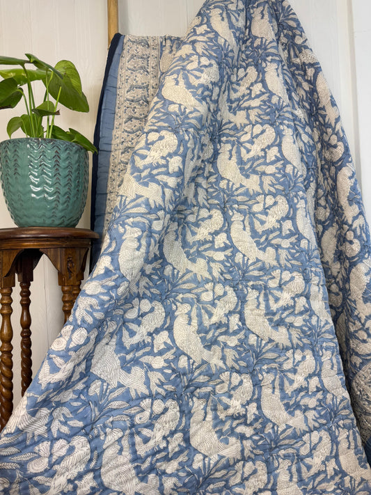 Quilted Pure Cotton Reversible Bed Throw – King Size Summer Indian Quilt with Elegant Blue Pheasant Handprint Design