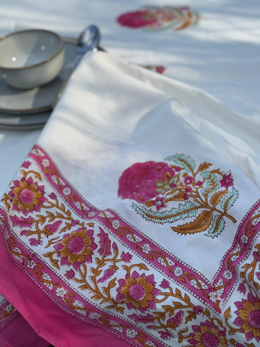 Large Table Handblock Printed Cotton Spring Summer Floral Table Cover | Bright Quirky Colours | Table & Home Decor | White Pink Marigold