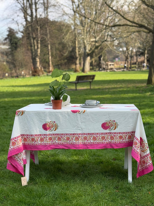 Large Table Handblock Printed Cotton Spring Summer Floral Table Cover | Bright Quirky Colours | Table & Home Decor | White Pink Marigold