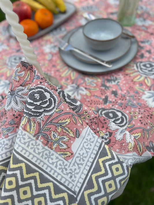 Large Table Handblock Printed Cotton Spring Summer Floral Table Cover | Bright Quirky Colours | Table & Home Decor | Pastel Peach Rose