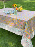 Large Table Handblock Printed Cotton Spring Summer Floral Table Cover | Bright Quirky Colours | Table & Home Decor | Dusty Rose Yellow Blue Gardenis