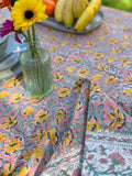 Large Table Handblock Printed Cotton Spring Summer Floral Table Cover | Bright Quirky Colours | Table & Home Decor | Dusty Rose Yellow Blue Gardenis