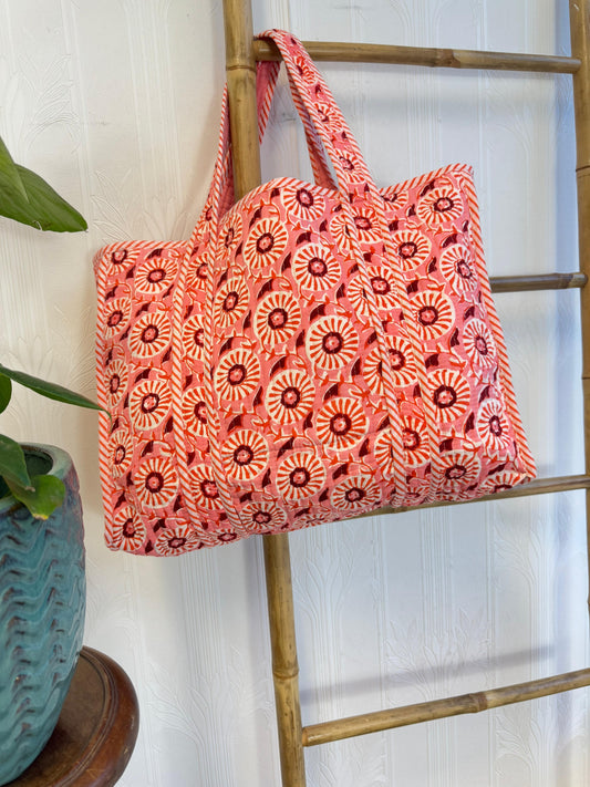 Quilted Cotton Handprinted Reversible Retro Peach Orange Candy Swirl Tote Bag Eco friendly Sustainable Sturdy Grocery Shoppingá|áArtáBoho