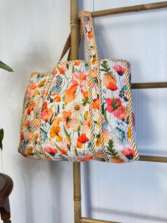 Quilted Cotton Reversible Large Spring Slate Peach Hues Floral Tote Bag Eco friendly Sustainable Sturdy Grocery Shopping HandmadeáArtáBoho