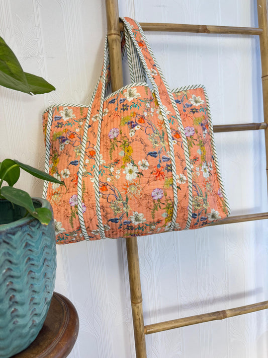 Quilted Cotton Reversible Large Spring Happy Peach Hues Floral Tote Bag Eco friendly Sustainable Sturdy Grocery Shopping HandmadeáArtáBoho