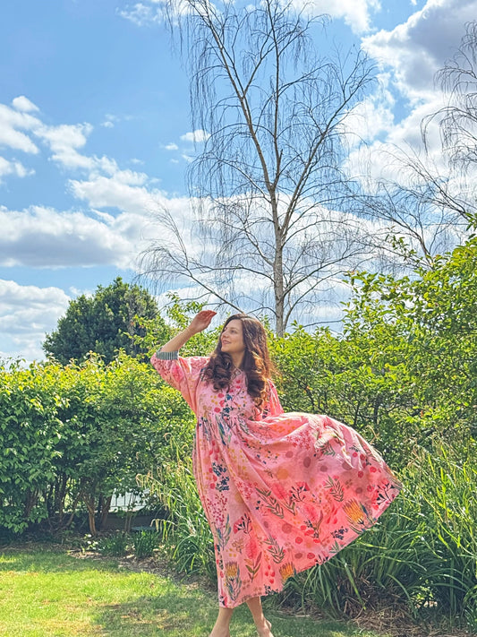 Pure Cotton Long Dress Indian Block Print Boho Colourful Summer Earthy Elegant Comfy Daywear Mom Outfit Candy Pink Bouquet Gardenia