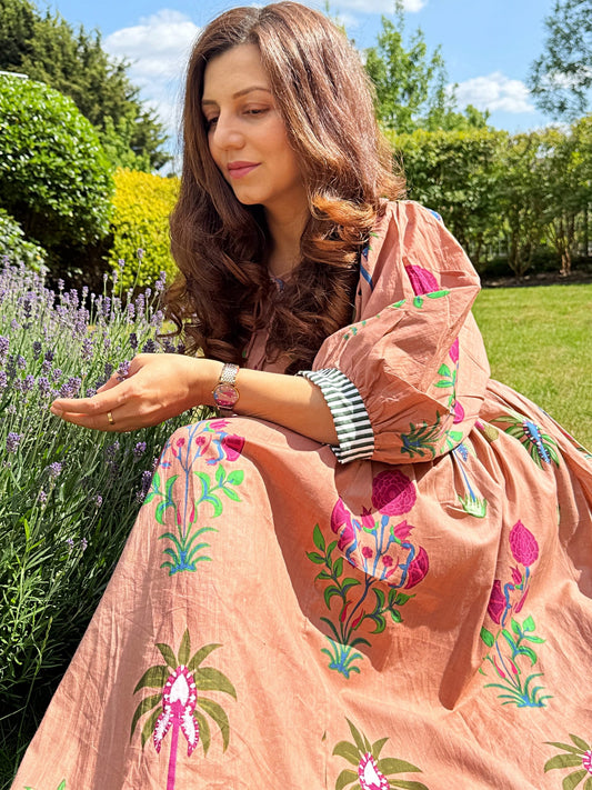 Pure Cotton Long Dress Indian Block Print Boho Colourful Summer Earthy Elegant Comfy Daywear Mom Outfit Terracotta Rose Dream