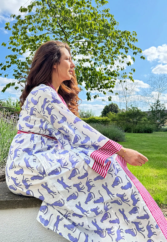 Pure Cotton Block-print House Robe Summer Kimono Beach Coverup/Comfy Lounge Animal Goddess Totem Magic | White Pink Purple Cheetah Leopard