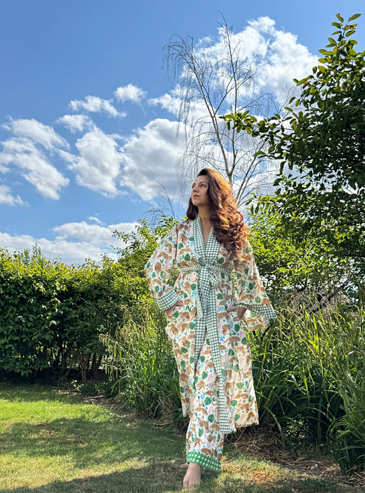 Pure Cotton Block-print House Robe Summer Kimono | Floral Beach Coverup/Comfy Lounge Animal Goddess Totem Magic | White Green Tiger