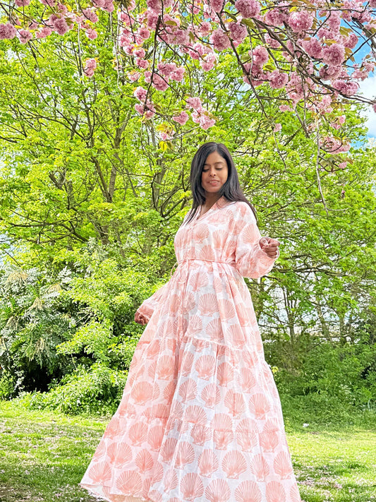 Pure Cotton Maxi Dress Indian Block Print Summer Earthy Nature Beach Goddess Comfy Daywear Boho Beach Outfit | White Peach Seashell Mermaid