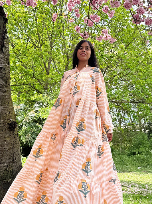 Pure Cotton Maxi Dress Indian Block Print Summer Earthy Nature Beach Goddess Comfy Daywear Boho Beach Outfit | White Mustard Peach Marigold