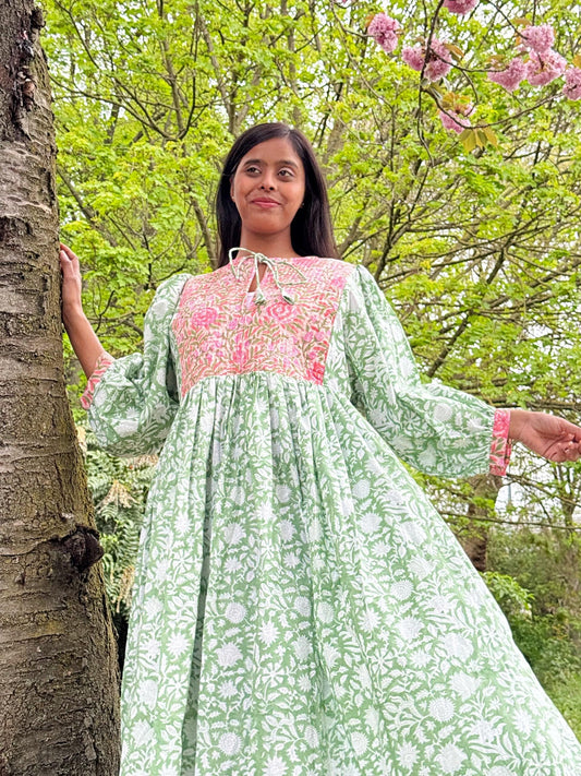 Pure Cotton Long Dress Indian Block Print Boho Colourful Elegant Comfy Daywear Mom Outfit | Quilted Green Pink Bib Lover Summer Dream
