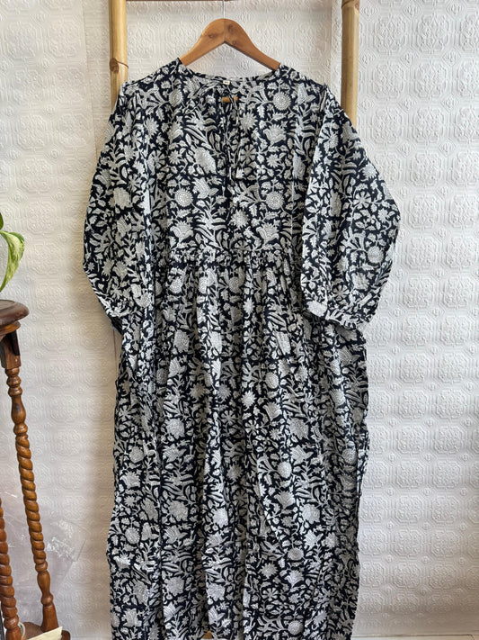 Elegant Block print Midi Dress stitched to be your next comfy dress this Summer in Monochorme Black White Mughal Floral